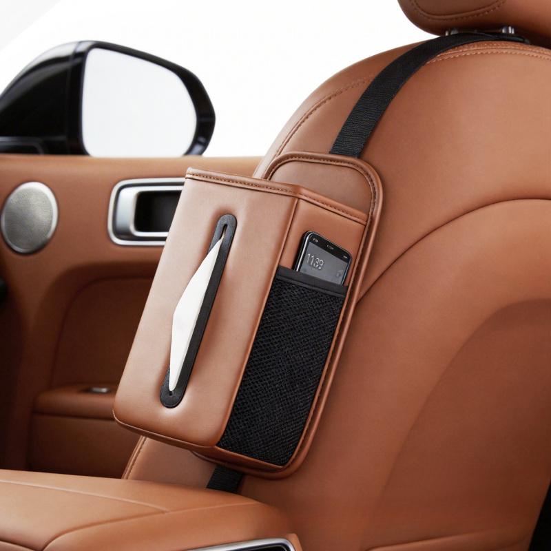 Car Seat Side Tissue Holder with Storage Pouch Leather Auto Driver Seat Hanging Organizer Mesh Phone Storage Pocket Napkin Box