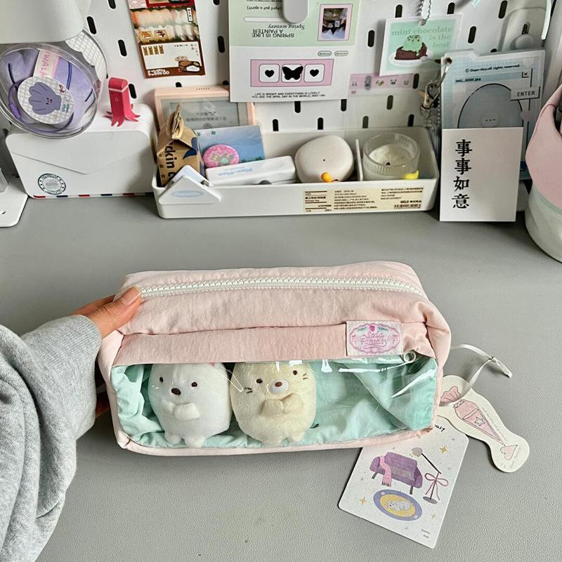 Causal Cute Pencil Case Tranpsarent Windows Badge Pin Displaying Stationery Organizer Large Capacity Pen Bag Back To School