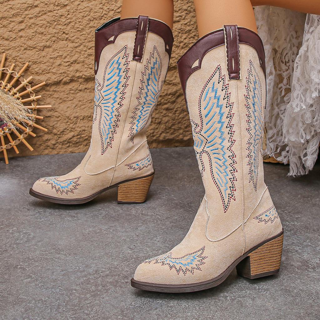 Fashion 2025 New Style Fashionable European and American Pointed-toe, Thick-heeled, High-top, Large-sized Western Cowboy Boots
