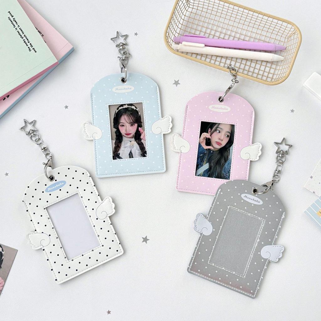 Angel Polka Dot Leather Card Holder with Stargazer Wings - 3-Inch PU Card Holder Bag Pendant.