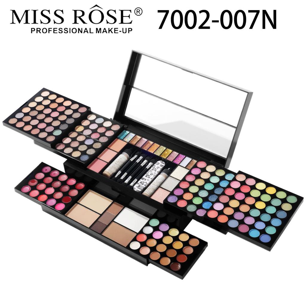 MISSROSE Makeup Palette Set: Eyeshadow, Lip Gloss, Lipstick, Blush, Concealer, Highlight, and Powder.