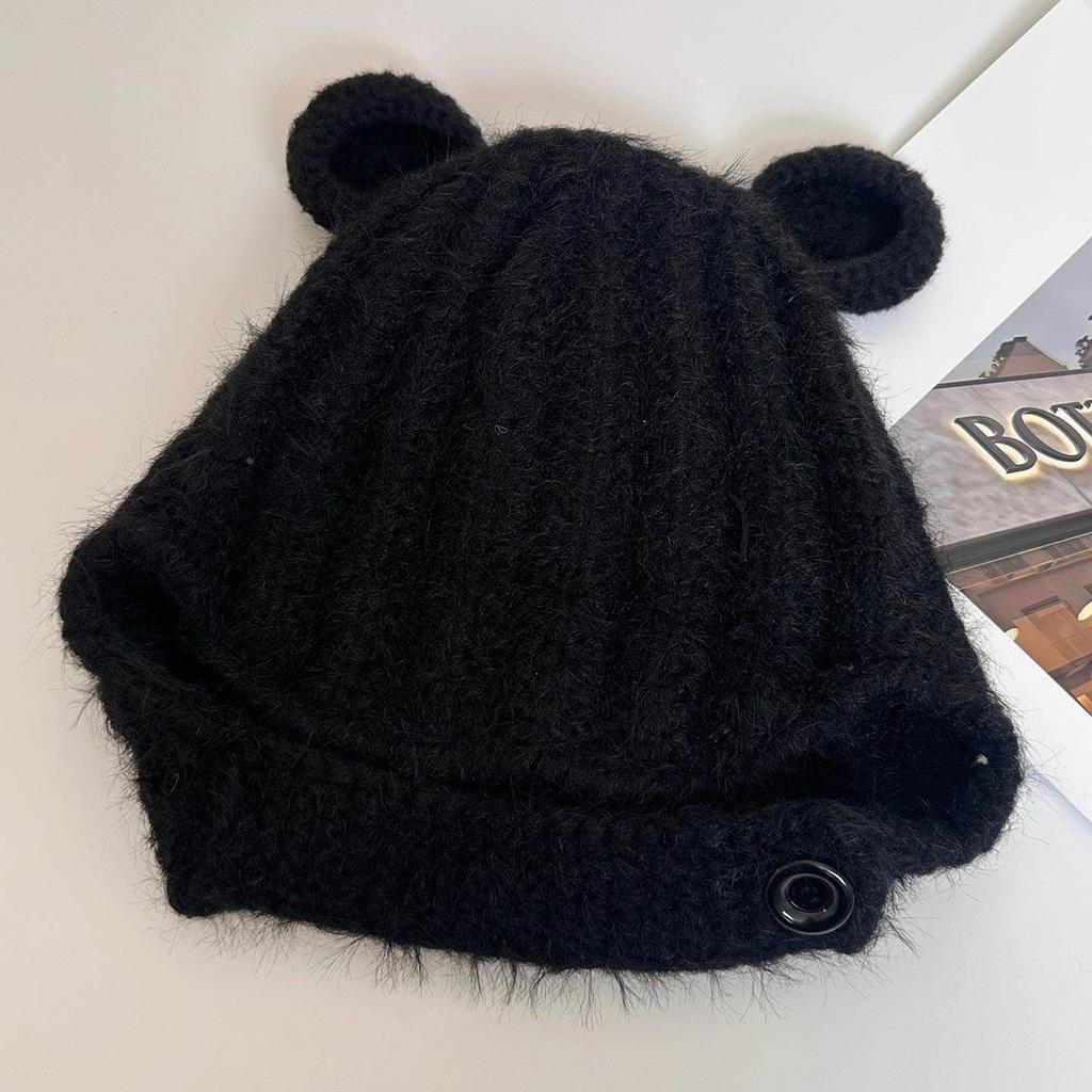 Sweet and cute bear ears knitted plush hat for women's autumn and winter new ear protection, cold protection and warmth Lei Feng hat