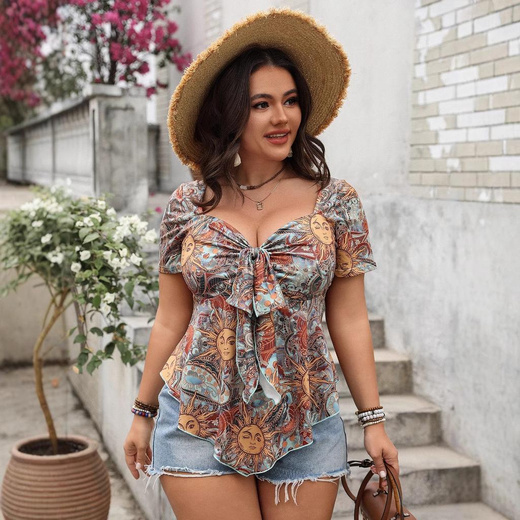 Women's Fashion Sexy Lace-up Loose Print Top