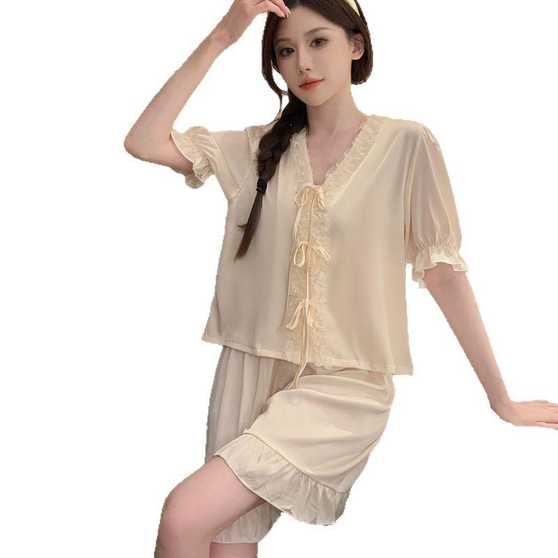 New short-sleeved shorts ice silk pajamas summer women's sweet girl loungewear set French simulation silk spring and autumn