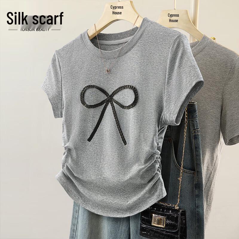 Si Bai She Women s Round Neck Bowknot Short Sleeve T-shirt M светло-серый