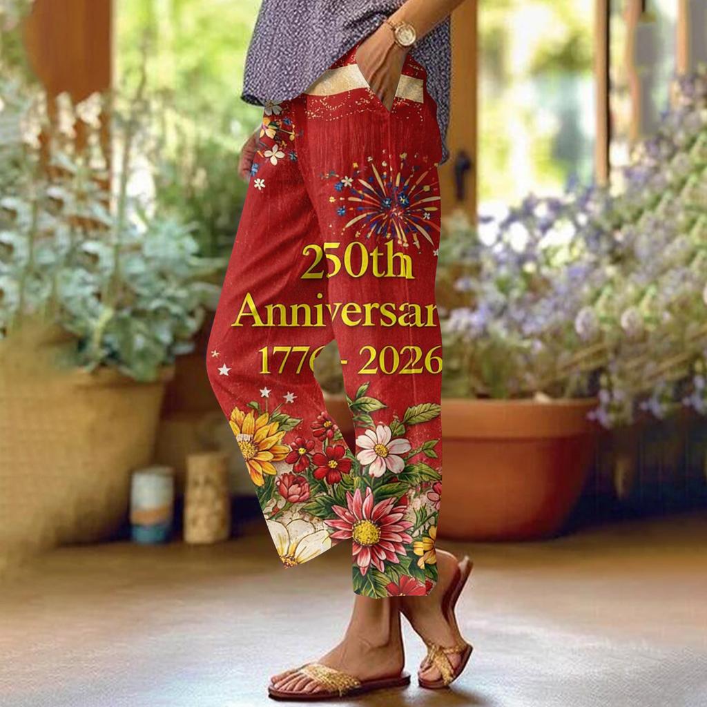 Dámské ležérní módní potištěné kalhoty s rovnými nohavicemi s kapsami