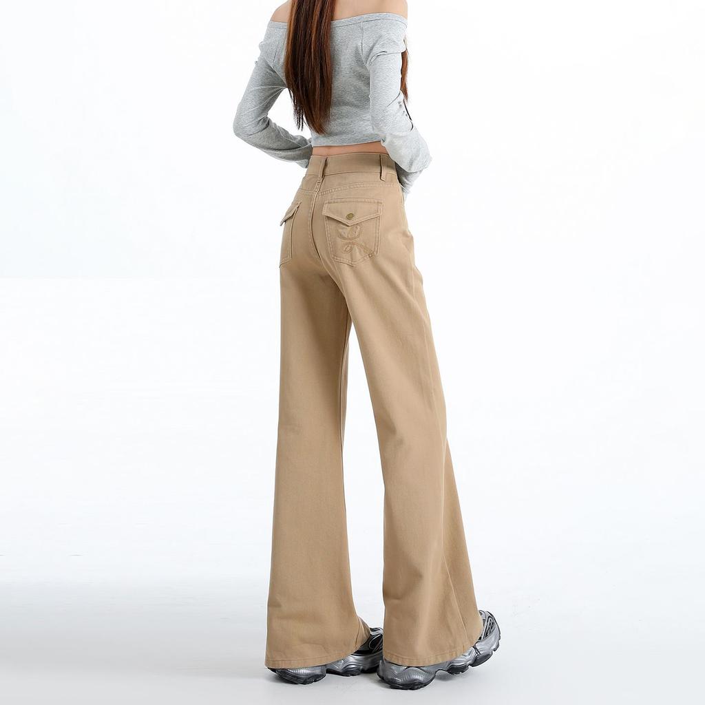 Early Spring Off White Khaki High Waist Slim Flare Floor Micro Wide Leg Denim Pants For Ladies Casual Pants Oversize Denim Trousers