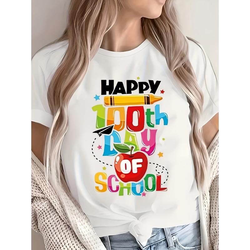 European Size 1pc Women'S Casual Crew Neck T-Shirt, 100th Day of School Celebration, Alphabet Pattern, Knit Polyester Fabric