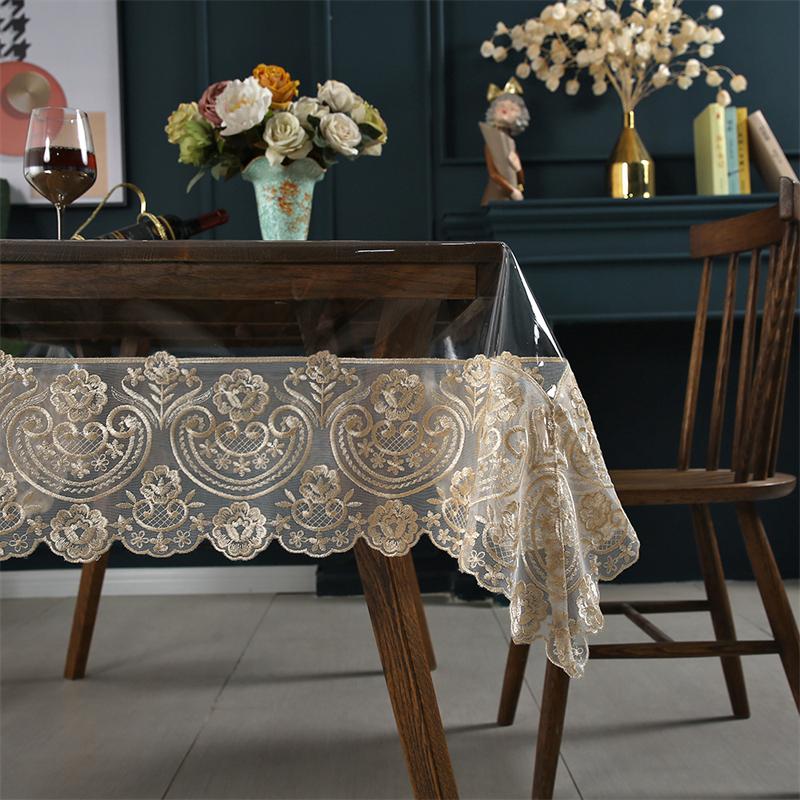 Pvc Tablecloth Rectangle Waterproof Transparent Round Dining Table Cloth Soft Champagne Lace Embroidered Oil -Proof Table Cover