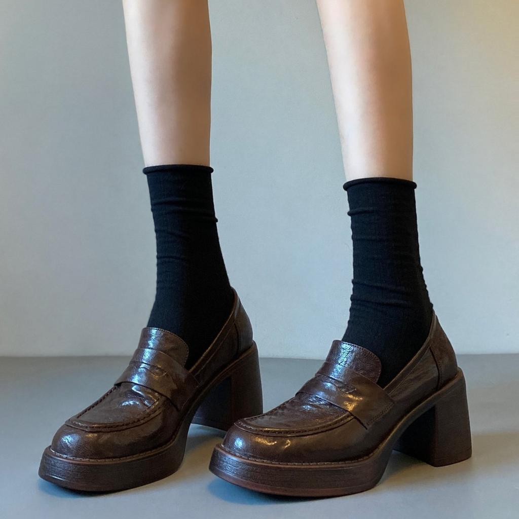 2026 Spring Retro Style High-heeled Loafers, Silent Soles, Genuine Leather Round Head Leather Shoes, Heightened and Durable Single Shoes