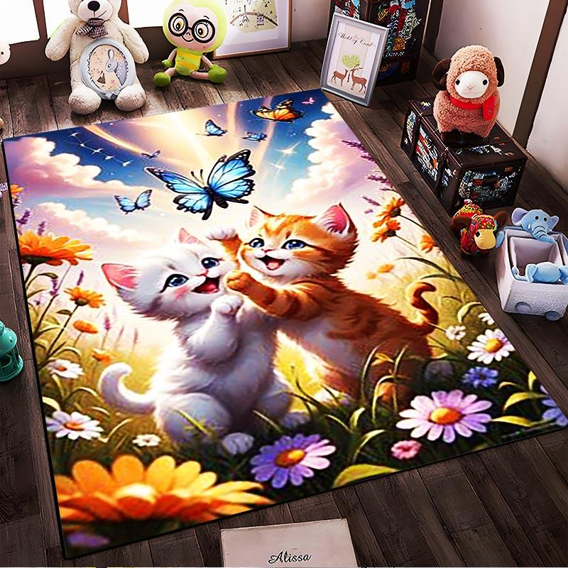 Adorable Cats Playing Amid Flowers and Butterflies Carpet Design Suitable for use as an anti-slip for living room bedroom sofas