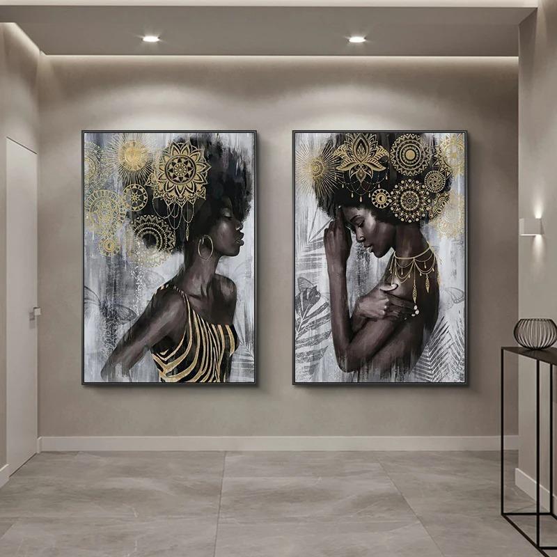 Abstract African Portraits Wall Art Prints Silver Body Art Pictures Art Deco Style Canvas Paintings Black Women Jewelry Poster