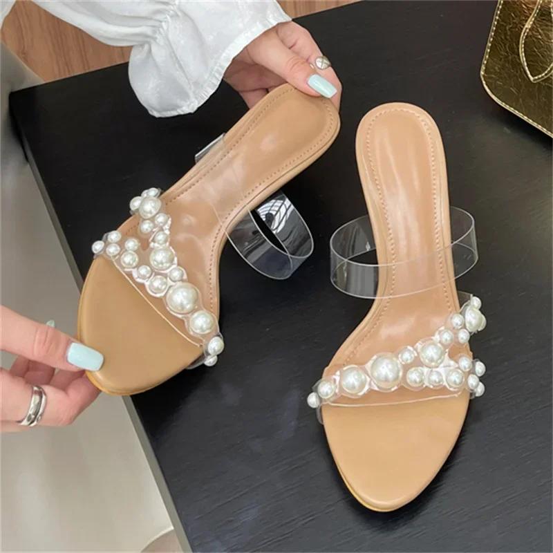 Fashion Luxury Brand Design String Bead PVC Transparent Slippers Women Summer High Heels Sandalias Fashion Open Toe Party Slide Sandals