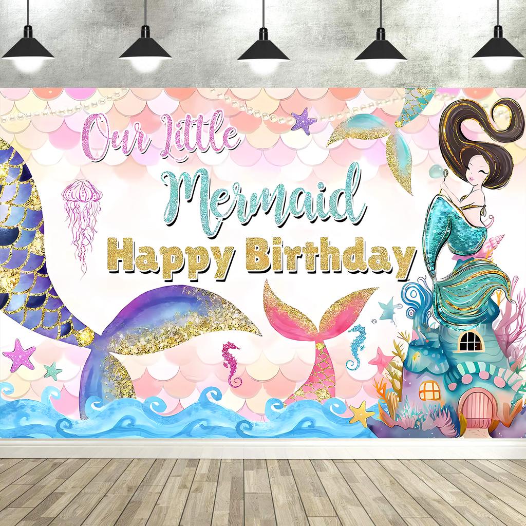 Mermaid Birthday Backdrop Under The Sea Birthday Party Decoration for Girl Purple Glitter  Mermaid Tails Photography Background