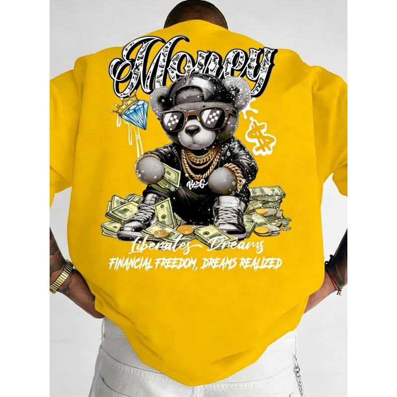 Fashionable men's summer teddy bear wealth letter print comfortable and breathable round neck T-shirt outdoor street top