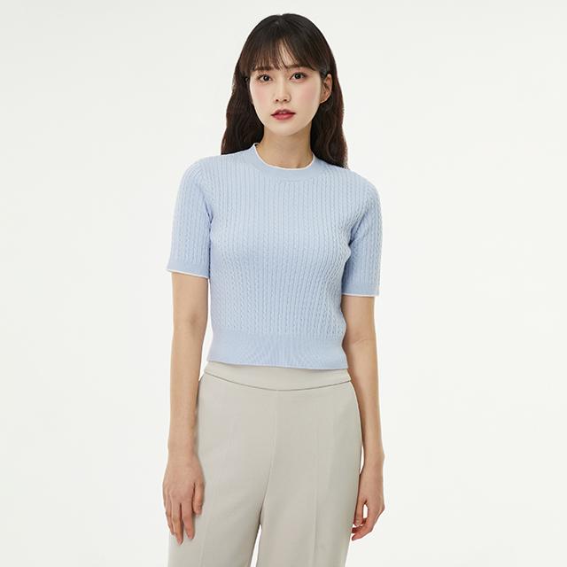 LAP Cable Knit Round Short Sleeve Knit Aq1Kh281