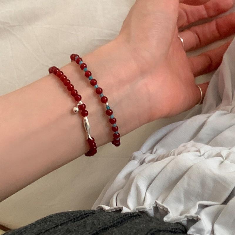 Korean INS Style Handmade Plated Copper Red Agate Fish Charm Bracelet Women Minimalist Layering Jewelry