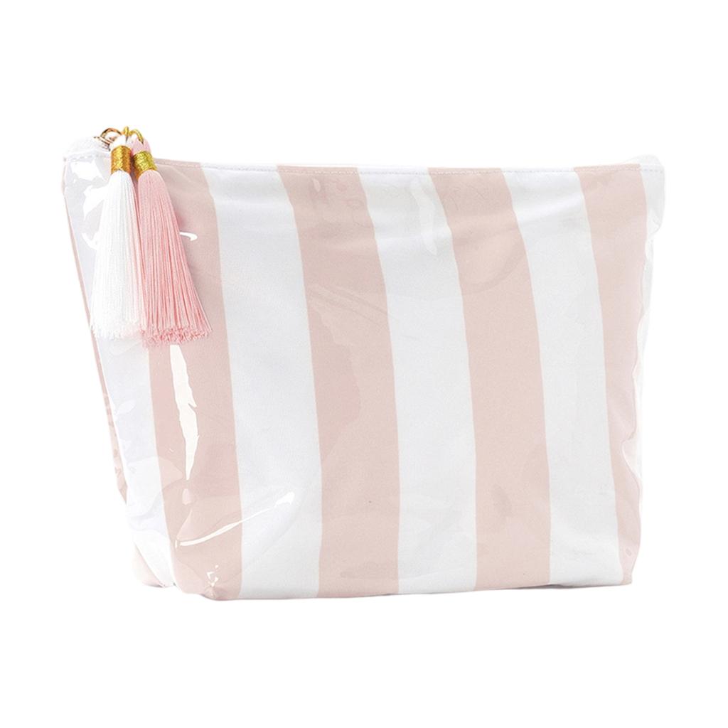Large Capacity Waterproof PVC Travel Toiletry Bag with Striped Pattern and Tassel Zipper for Makeup Brushes and Accessories Storage Organizer