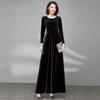 Elegant Autumn/Winter Golden Velvet V-Neck Pleated A-Line Dress with Waist-Cinching and Wide Hem