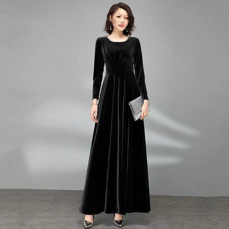 Elegant Autumn/Winter Golden Velvet V-Neck Pleated A-Line Dress with Waist-Cinching and Wide Hem