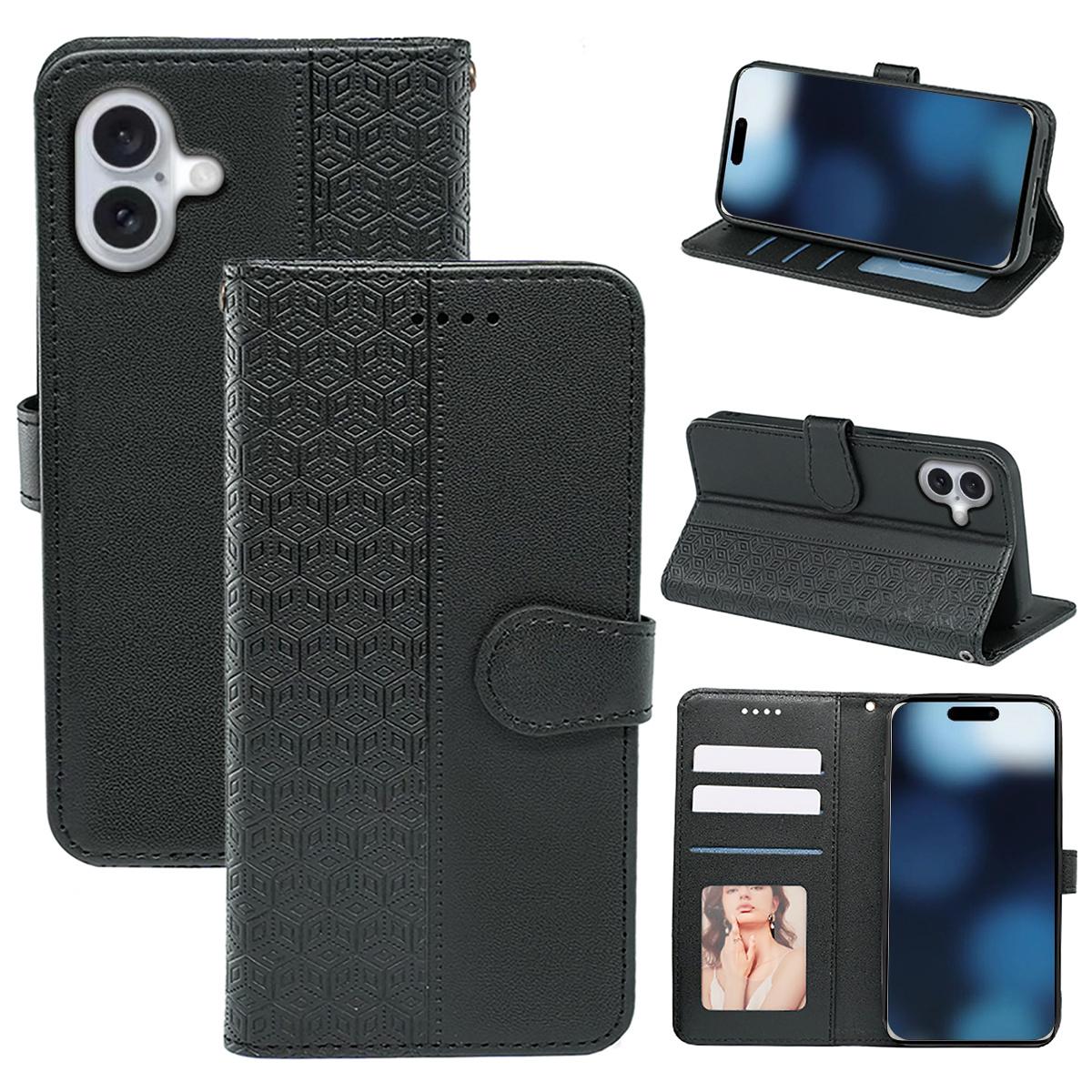 

For iPhone 16 Case Cubic Grid Imprint PU Leather Folio Flip Phone Cover