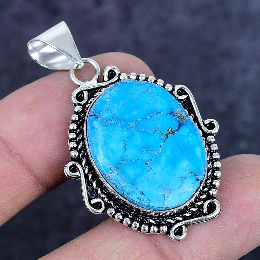 Natural Tibetan Turquoise Gemstone 925 Sterling Silver Pendant 1.85" ETC-14263