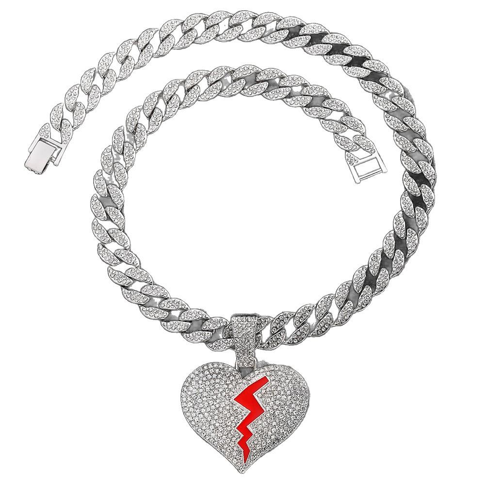 New European and American Hip Hop Heart Breaking Diamond Alloy Pendant Trendy Hip Hop Cuban Chain Necklace Men's Necklace