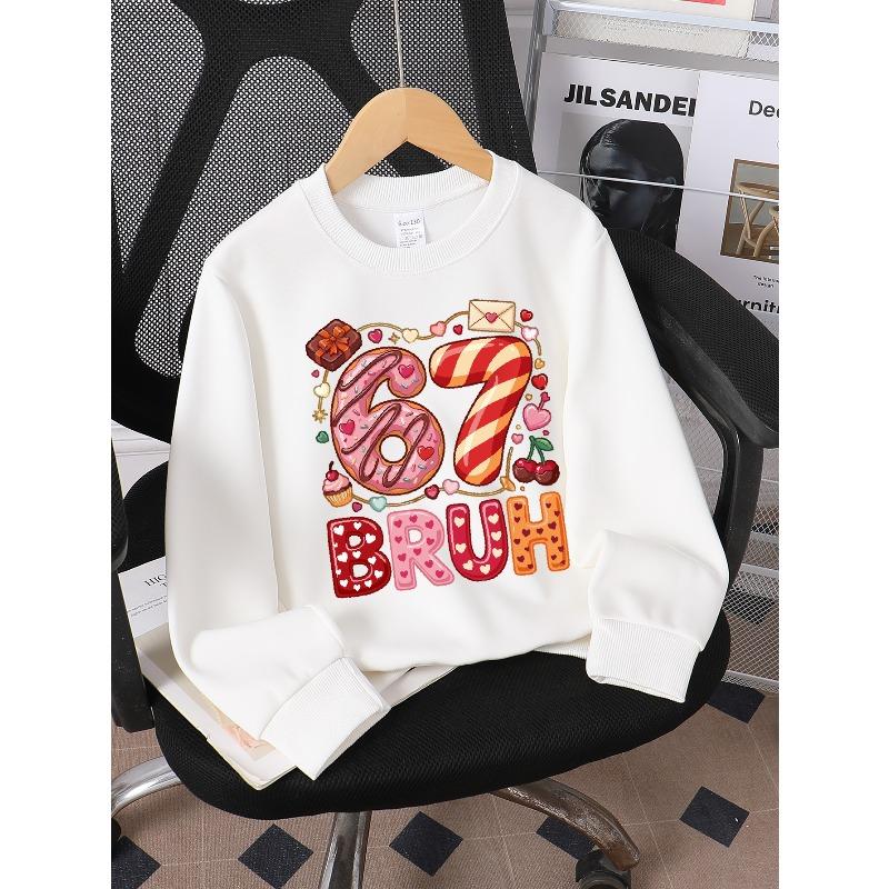 European sizes Kids' Casual Printed Round Neck Pullover, Kids' Round Neck Sweatshirt with Fashion 67 Theme Feature Print for Kids