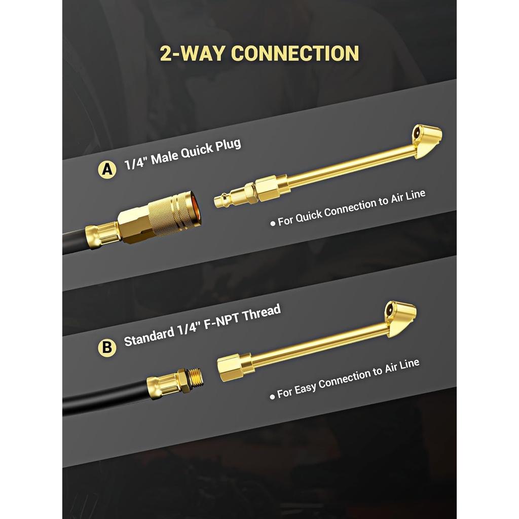 2 Way Connection Air Chuck Set - 1/4 Inch Female NPT Closed Ball Heavy Duty Dual Head and Standard Male Quick Plug Tire Air Fill Kit