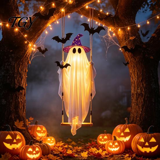 Hanging Ghost Decorations for Halloween Swing Ornament with LED String Lights Outdoor Decor, Adjustable Decorative Polyester Garden Light-Up Bat Decor
