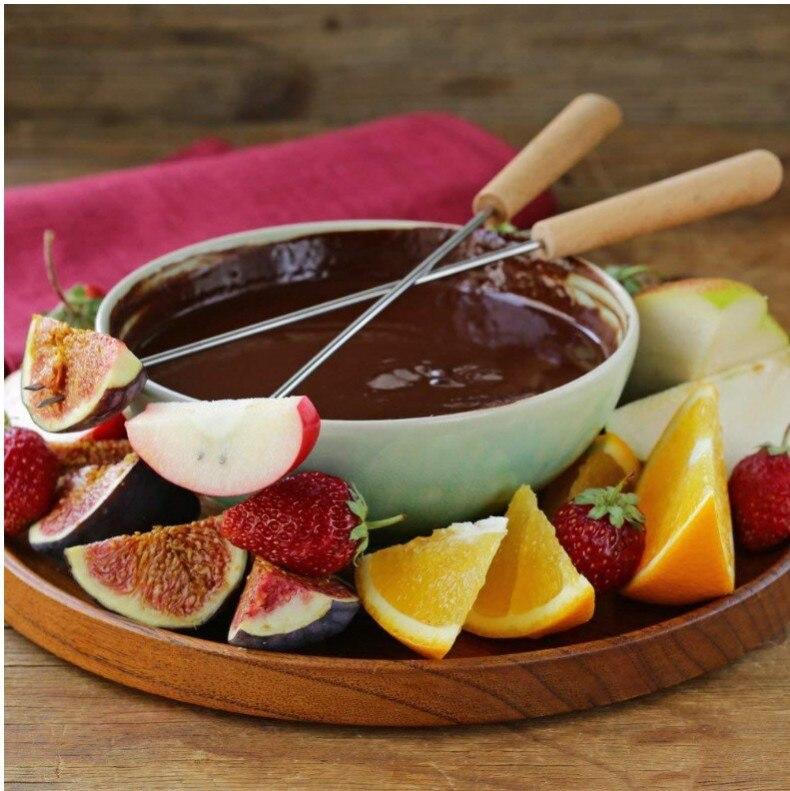 6Pcs/set Stainless Steel Chocolate Fork Hot Pot Forks Wooden Cheese Fruit Dessert Fork Fondue Melting Skewer Kitchen Accessories