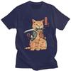 Japanese Samurai Cat Graphic Tee Pure Cotton Streetwear T-Shirt Breathable Casual Top