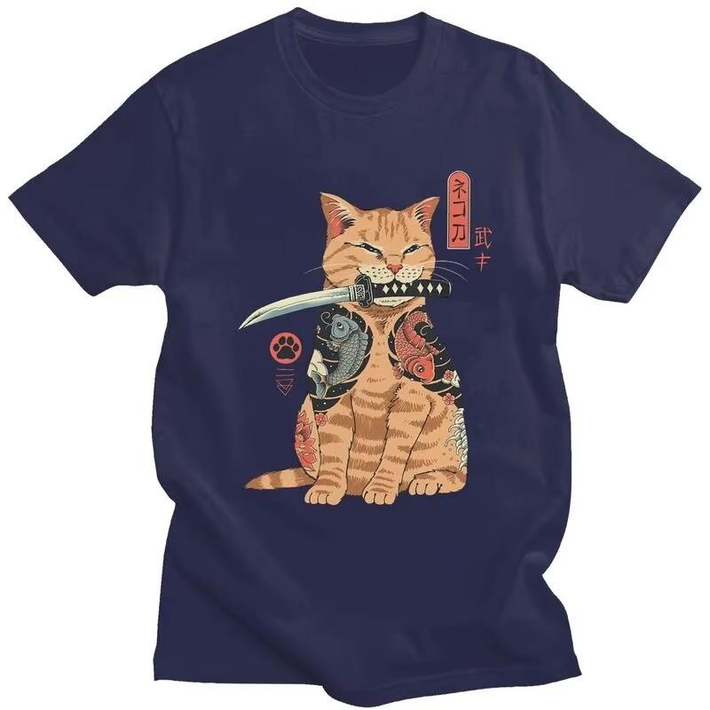 Japanese Samurai Cat Graphic Tee Pure Cotton Streetwear T-Shirt Breathable Casual Top