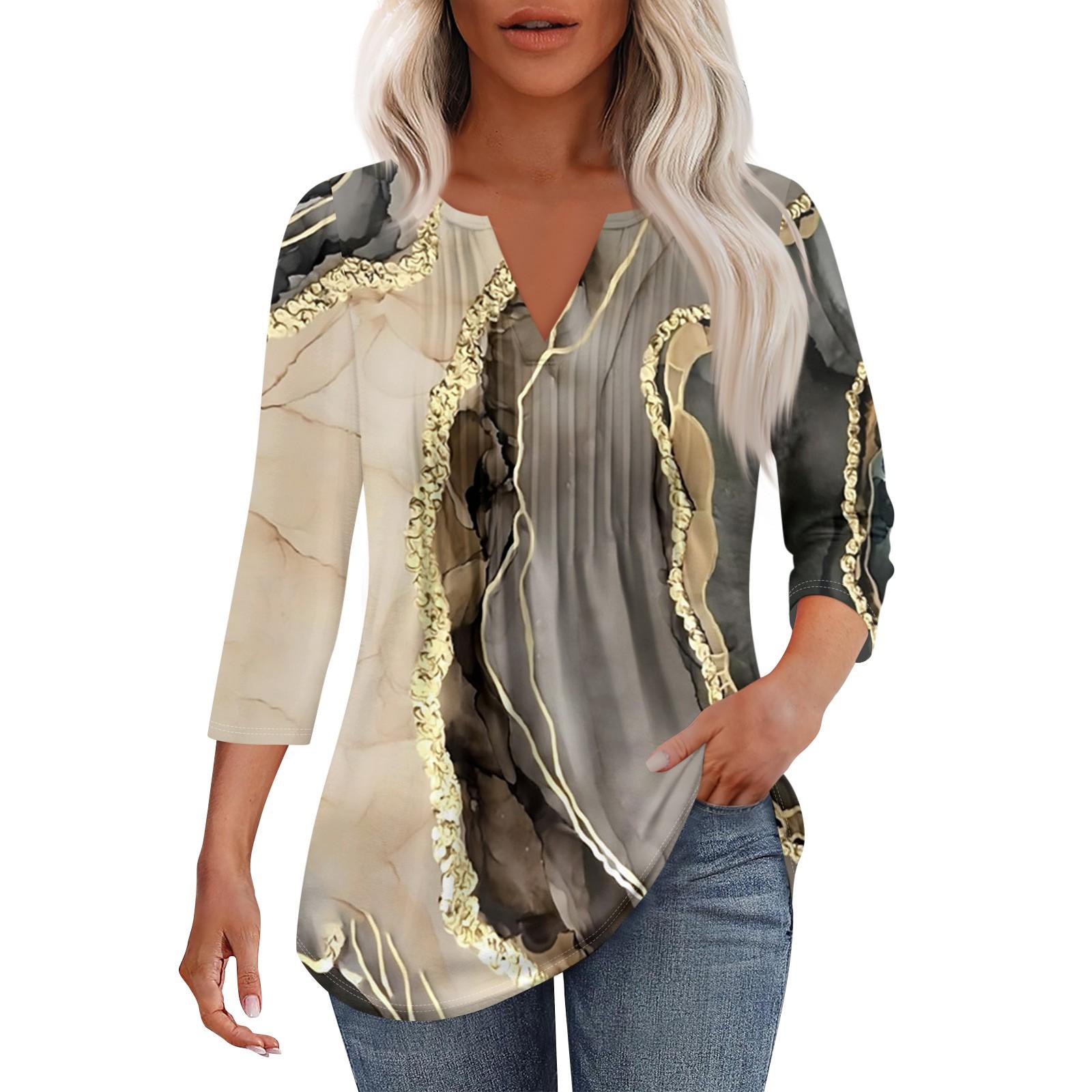 

Женская модная повседневная плиссированная футболка с V-образным вырезом и рукавом семь четвертей L