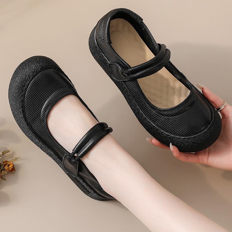 Ladies Mary Jane Shoes Womens Genuine Leather Comfort Flats Hollow Fashion Hook Loop Lightweight Soft Shoes Woman Strap Moccasin