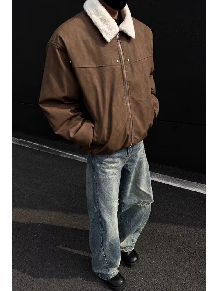 Men's Retro Tie-Dye Lamb Wool One-Piece Coat with Velvet Thickened, Turn-Down Collar, and Leather Accents