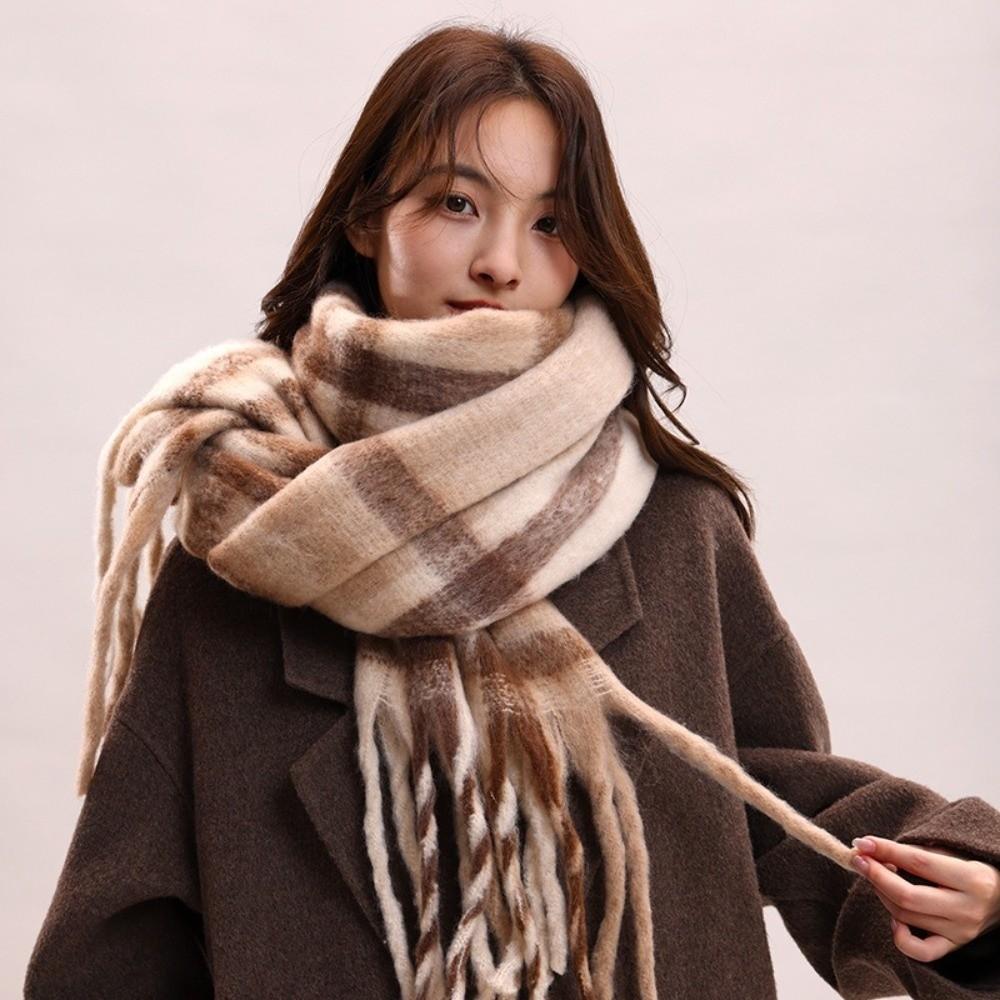 Tassel Winter Cashmere Scarves Plush Long Shawl Fashion Plaid Wool Scarf  Girl
