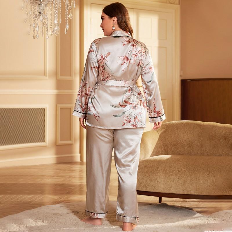 Plus Size Womens Ice Silk Robe Set Long Sleeve V-Neck Lightweight Sleepwear Lounge Wear Home Hotel Winter