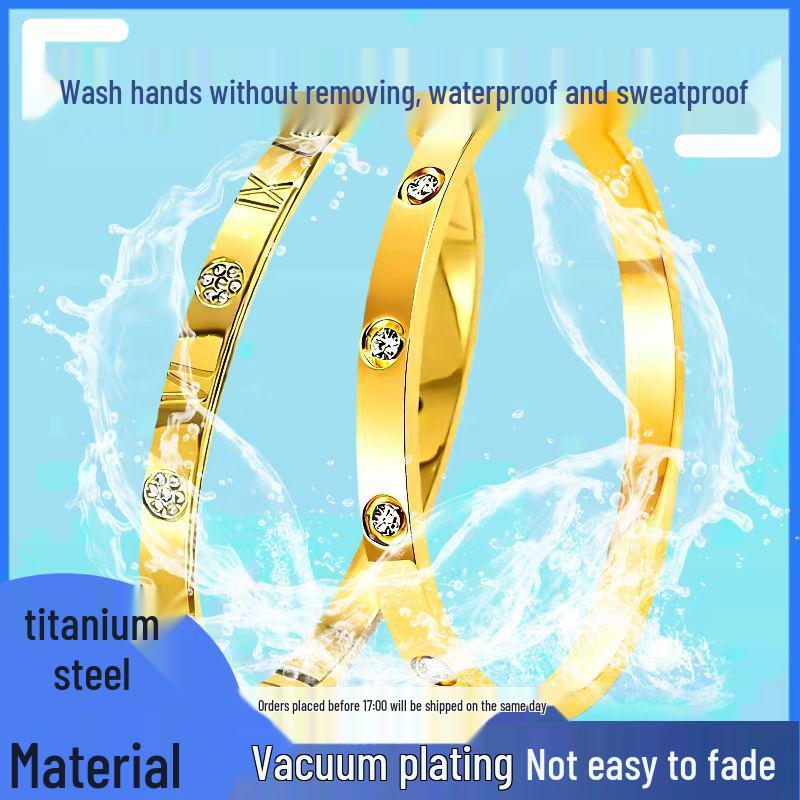 Simple Fashion Roman Numeral Titanium Steel Bracelet with Diamond Inlay for Women - Double Layer Buckle, Colorfast Jewelry.