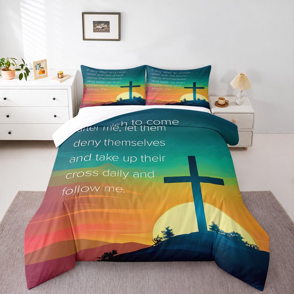 Sunset Cross Christian Bible Verse Bedding set (1 duvet cover, 2 pillowcases, duvet not included), Inspirational Faith Art Print