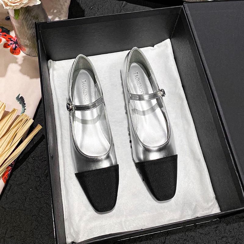Fashion Silver Leather Patchwork Women Flats Small Square Toe Mary Janes Shoes Woman Ankle Strap Mocasines Big Size 43 Tenis De Mujer
