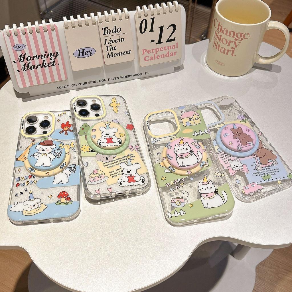 ins Korean cartoon animal suitable for Apple 16promax mobile phone case iPhone15 magnetic suction bracket 14P new