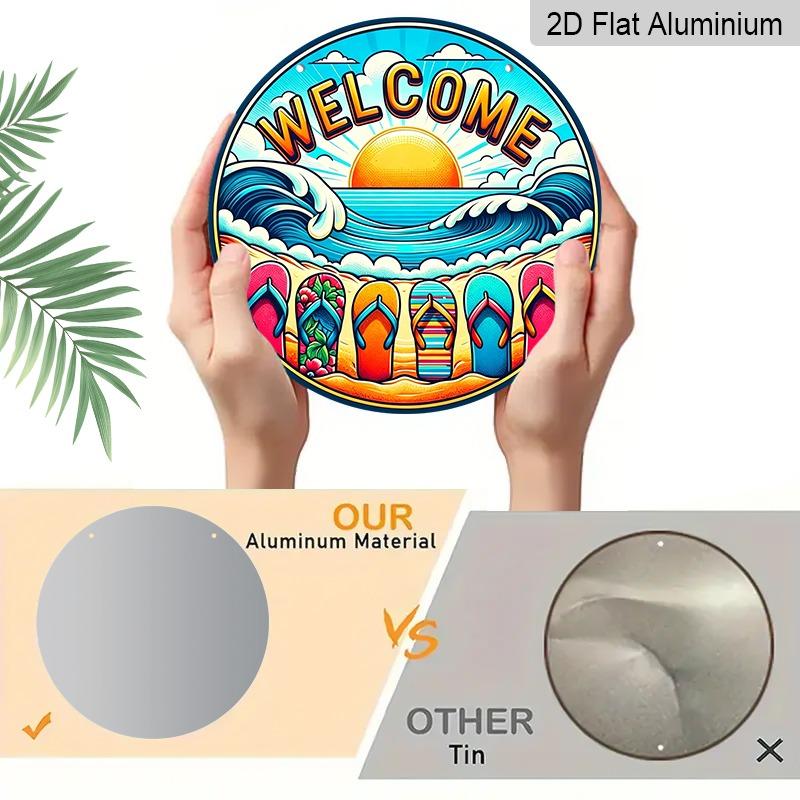 2D Flat Summer Beach "Welcome" Aluminum Decorative Signs and Plaques in Various Sizes. Flip-flop Summer Wave Pattern Wall Decorations Suitable for