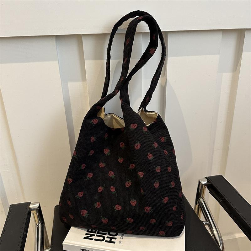 Tasche Damen 2025 Neu Große Kapazität Cord Tragetasche Niedliche Erdbeer Schultertasche Studententasche
