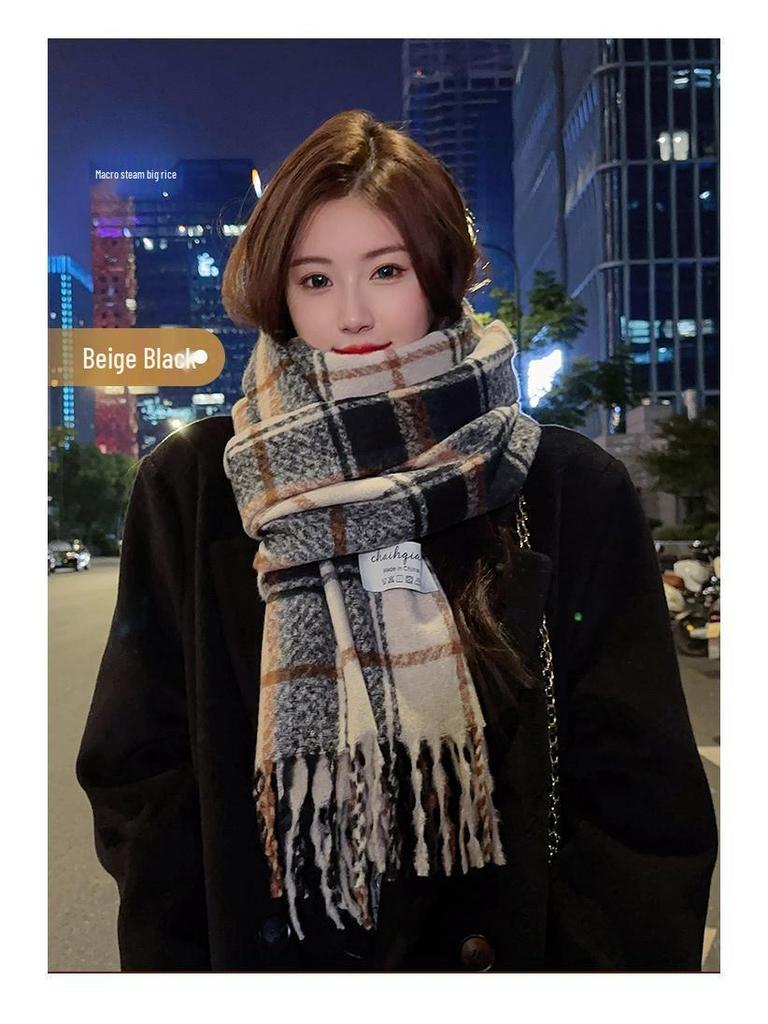 Women's Winter Christmas Plaid Scarf - Korean Fashion, Thick Warm Imitation Cashmere Shawl with Tassels