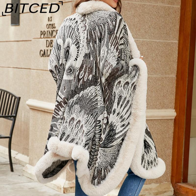 BITCED Autumn/Winter Peacock Flower Knitted Cape for Women - Thickened Warmth Shawl