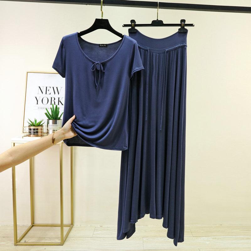 Damen Sommer Modal Schlafanzug Sets Übergröße M bis 6XL Krawattenhals Kurzarm T-Shirt und Kordelzug Hoher Bund Langer Rock Lässige Mode 2-teiliges Set