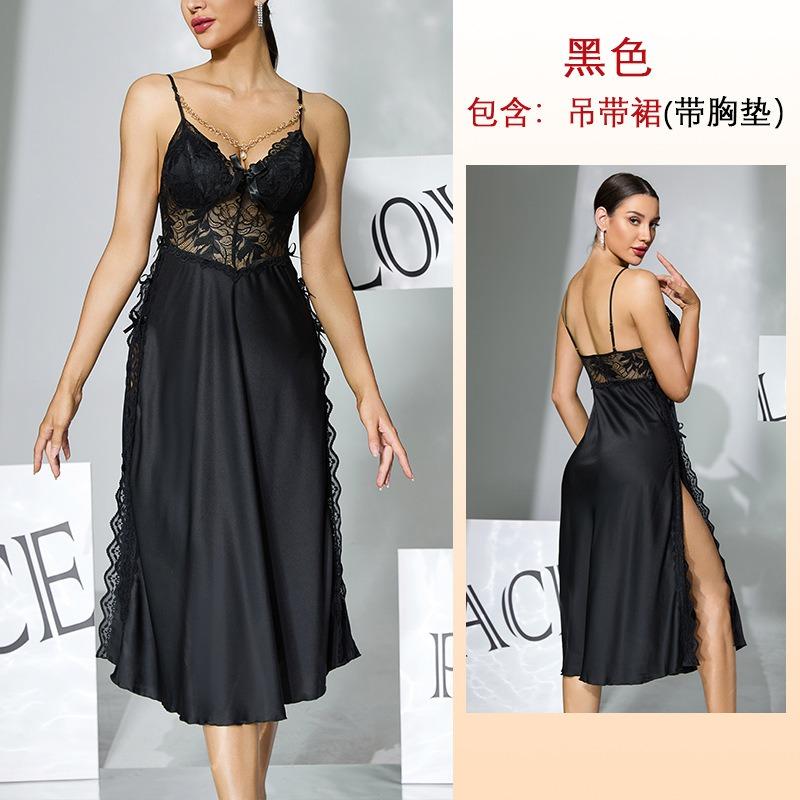 

Sexy Satin Lace Suspender Nightdress Chain Decoration High Split Middle Length Multi-color Home Clothes S чёрный