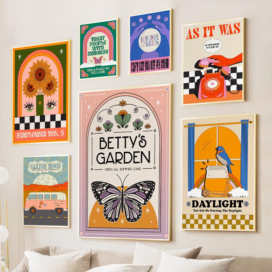 Sun Rainbow Butterfly Car Flower Bird Abstract Poster Print Wall Art Canvas Painting for Living Room Bedroom Modern Home Decor