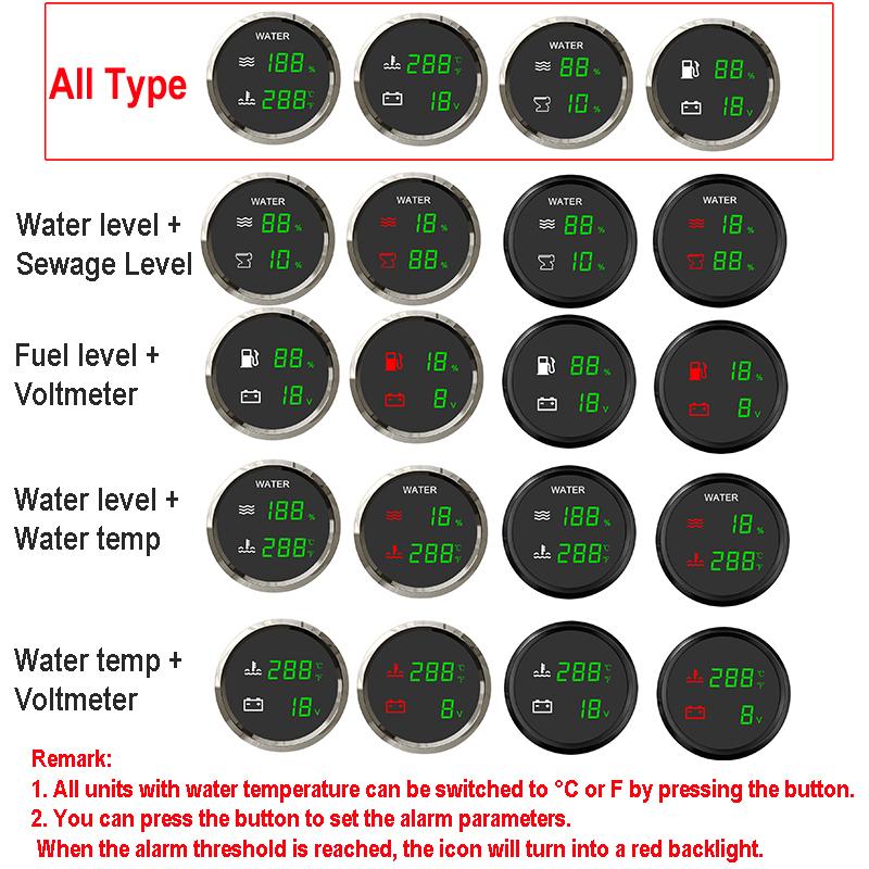 52mm 2 IN 1 Multifunction Gauge Water Level Gauge + Sewage Level gauge With Alarm For Car Boat Marine RV